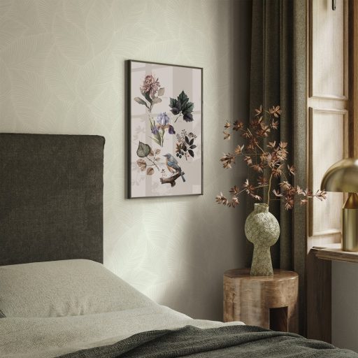 Trópusi elegancia Art deco jegyekkel - stilizált pálmalevél mintázat pasztell mentazöld és törtfehér tónus tapéta