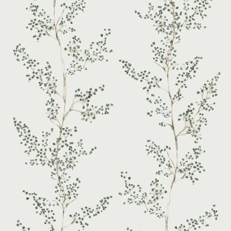   Szellős filigrán botanikai kompozíció finom ágakkal és levelekkel törtfehér menta zsályazöld bézs és szürkésbarna tónus tapéta