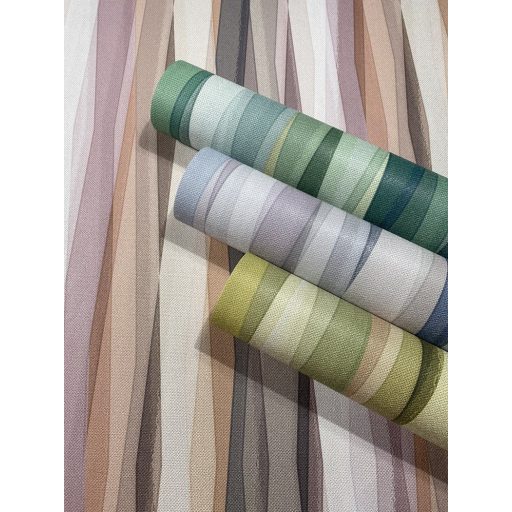 Hullámzó függönyszerű kissé boho csikos minta pasztell színskálán barack púderrózsaszín lila narancs szürke és bézs tónus tapéta