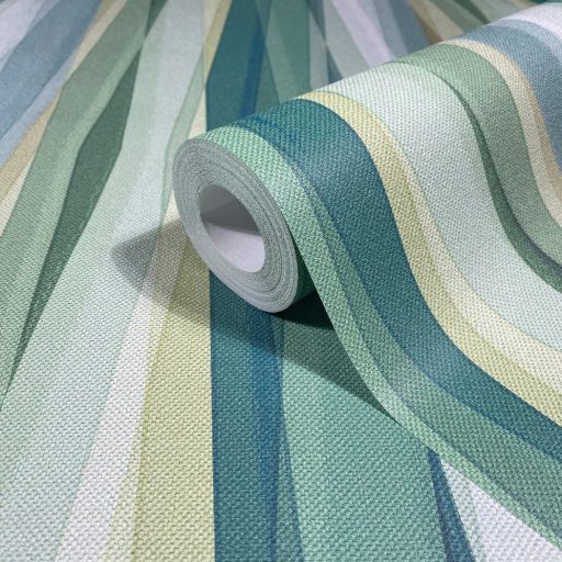 Hullámzó függönyszerű kissé boho csikos minta intenzív színskálán tengerkék smaragdzöld vajsárga fehér és menta tónus tapéta