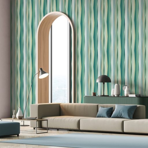 Hullámzó függönyszerű kissé boho csikos minta intenzív színskálán tengerkék smaragdzöld vajsárga fehér és menta tónus tapéta