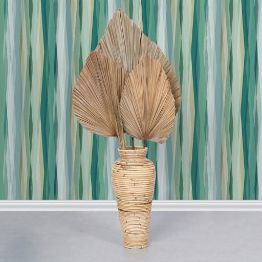 Hullámzó függönyszerű kissé boho csikos minta intenzív színskálán tengerkék smaragdzöld vajsárga fehér és menta tónus tapéta