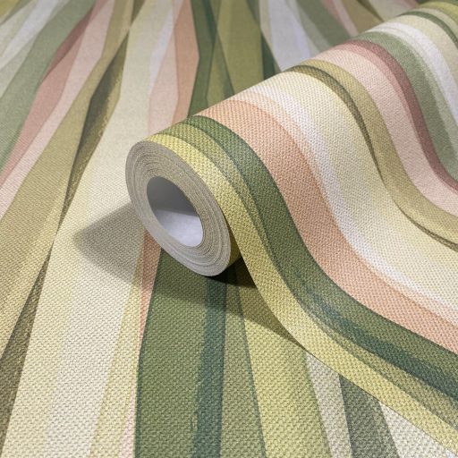 Hullámzó függönyszerű kissé boho csikos minta intenzív színskálán citromsárga olajzöld rózsaszín bézs és krém tónus tapéta