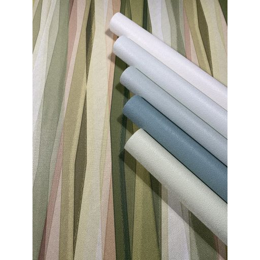 Hullámzó függönyszerű kissé boho csikos minta intenzív színskálán citromsárga olajzöld rózsaszín bézs és krém tónus tapéta