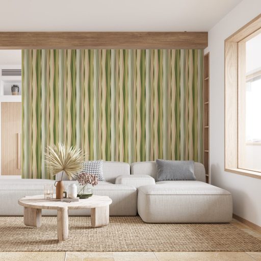 Hullámzó függönyszerű kissé boho csikos minta intenzív színskálán citromsárga olajzöld rózsaszín bézs és krém tónus tapéta