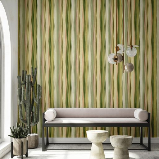 Hullámzó függönyszerű kissé boho csikos minta intenzív színskálán citromsárga olajzöld rózsaszín bézs és krém tónus tapéta