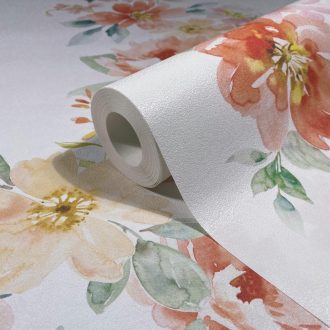   Lazán kötött függőleges virágcsokrok hullámzanak akvarell színorgiában fehér korall rózsaszín krém sárga és zöld tónus tapéta