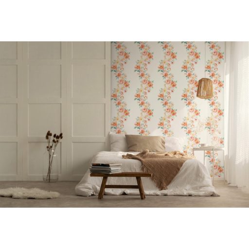 Lazán kötött függőleges virágcsokrok hullámzanak akvarell színorgiában fehér korall rózsaszín krém sárga és zöld tónus tapéta