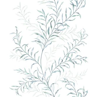   Könnyed akvarell botanikai vízió - vékony hajlékony levélágak kúsznak felfelé fehér zöldeskék és ezüstös zöld tónus tapéta