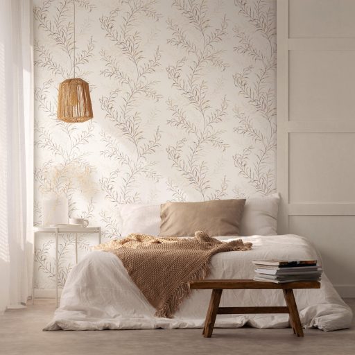 Könnyed akvarell botanikai vízió - vékony hajlékony levélágak kúsznak felfelé fehér sárgásbézs barna szürkéslila és zöld tónus tapéta