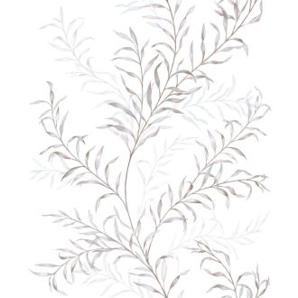   Könnyed akvarell botanikai vízió - vékony hajlékony levélágak kúsznak felfelé fehér taupe halvány acélkék és ezüstösszürke tónus tapéta
