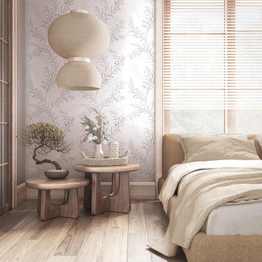 Könnyed akvarell botanikai vízió - vékony hajlékony levélágak kúsznak felfelé fehér taupe halvány acélkék és ezüstösszürke tónus tapéta