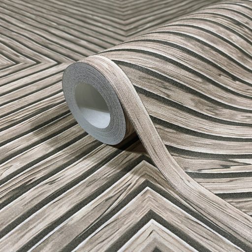 Hipnotikus 3D chevron/halszálka minta - a parkett a falra költözilk szürke barna szürkésbarna és fekete tónus tapéta