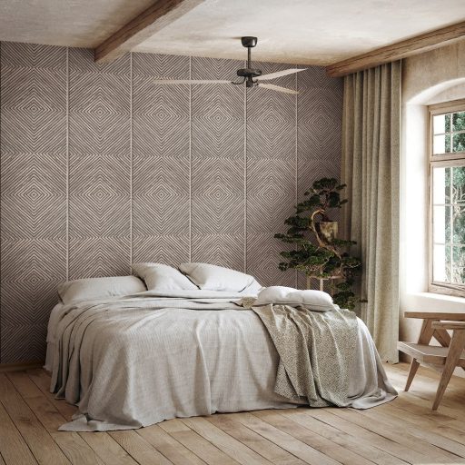 Hipnotikus 3D chevron/halszálka minta - a parkett a falra költözilk szürke barna szürkésbarna és fekete tónus tapéta