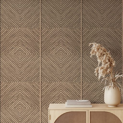 Hipnotikus 3D chevron/halszálka minta - a parkett a falra költözilk meleg fahéjbarna krém sötétbarna és bézs tónus tapéta