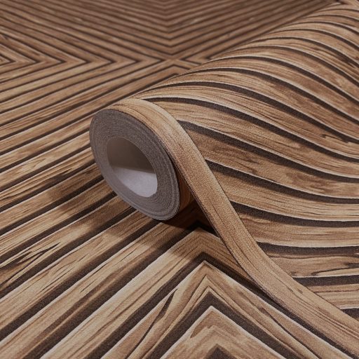 Hipnotikus 3D chevron/halszálka minta - a parkett a falra költözilk sötétbarna vöröses/mahagónibarna és karamell tónus tapéta