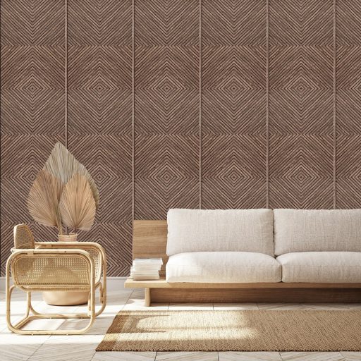 Hipnotikus 3D chevron/halszálka minta - a parkett a falra költözilk sötétbarna vöröses/mahagónibarna és karamell tónus tapéta