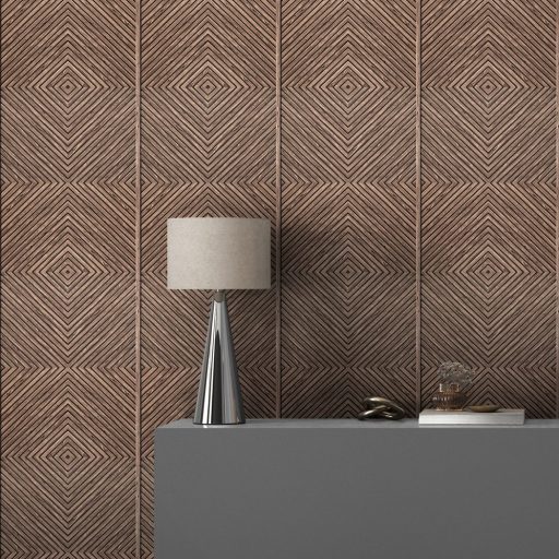 Hipnotikus 3D chevron/halszálka minta - a parkett a falra költözilk sötétbarna vöröses/mahagónibarna és karamell tónus tapéta