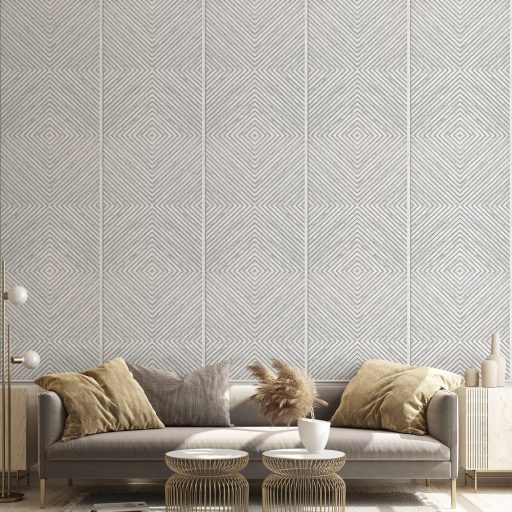 Hipnotikus 3D chevron/halszálka minta - a parkett a falra költözilk szürke/halvány szürke és fehér tónus tapéta