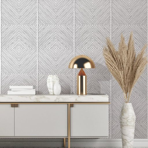 Hipnotikus 3D chevron/halszálka minta - a parkett a falra költözilk szürke/halvány szürke és fehér tónus tapéta