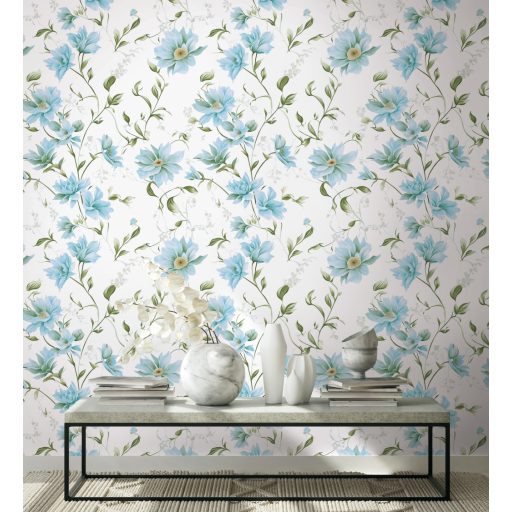 Klasszikus botanikai elegancia modern léptékben illusztrált minta fehér égkék türkiz szürke és arany tónus tapéta