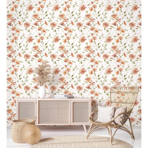 Klasszikus botanikai elegancia modern léptékben illusztrált minta fehér barack narancs terrakotta mályva/lila és sötétzöld tónus tapéta