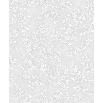   Dimenziós hatású ágak és levelek sűrű összefüggő mintája halvány ezüstösszürke és fehér tónus tapéta
