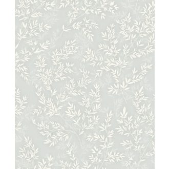   Dimenziós hatású ágak és levelek sűrű összefüggő mintája zöld/zöldesszürke és fehér tónus tapéta