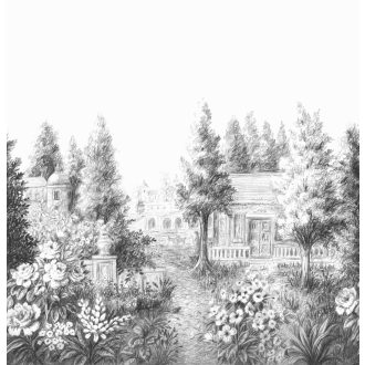   Francia park buja virágágyásokkal és titokzatos kastéllyal - szénrajz - "M" fehér szürke és szénfekete tónus falpanel