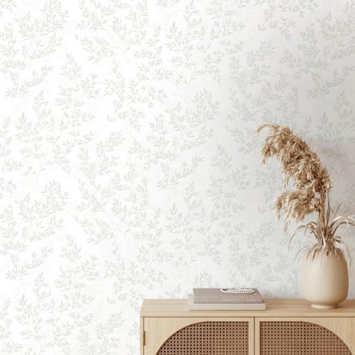 Dimenziós hatású ágak és levelek sűrű összefüggő mintája fehér és mentásan friss szürkészöld tónus tapéta