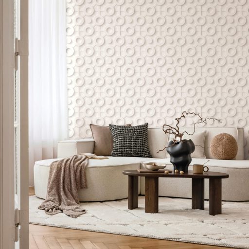 Geometrikus hipnózis és háromdimenziós optikai játék meleg homokbézs és törtfehér tónus tapéta