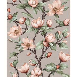   A magnólia jelenléte mindent meghatároz - keleties botanikai kompozíció szürkésbézs barack rózsaszín barna zöld és bronz tónus tapéta