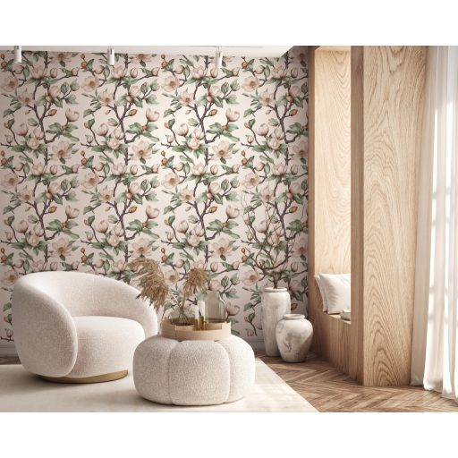 A magnólia jelenléte mindent meghatároz - keleties botanikai kompozíció krémfehér barack barna zöld és bronzos-terrakotta tónus tapéta