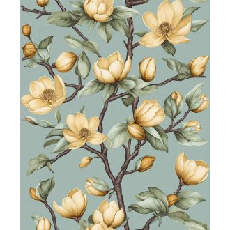   A magnólia jelenléte mindent meghatároz - keleties botanikai kompozíció zöldeskék vajsárga sötétbarna és arany tónus tapéta