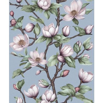   A magnólia jelenléte mindent meghatároz - keleties botanikai kompozíció acélkék-palaszürke fekér halvány lila mályva és zöld tónus tapéta