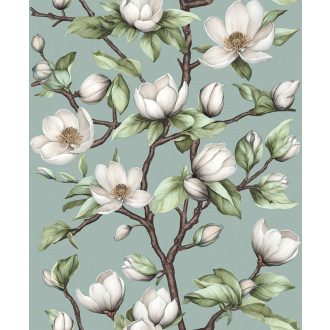   A magnólia jelenléte mindent meghatároz - keleties botanikai kompozíció zsályazöld-kékesszürke fehér zöld és barna tónus tapéta