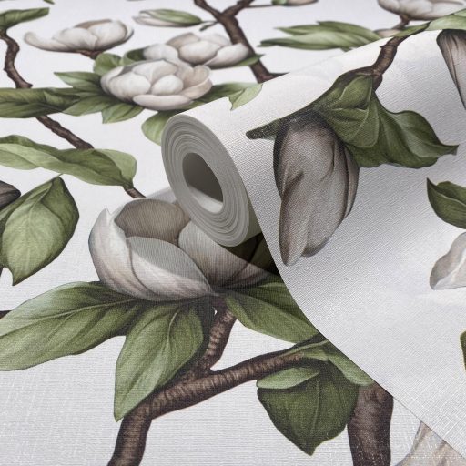 A magnólia jelenléte mindent meghatároz - keleties botanikai kompozíció fehér krém sötétbarna és zöld tónus tapéta
