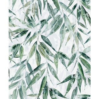   Akvarell technikával festett kopott és színátmenetes 3D bambuszlevelek fehér smaragd és olajzöld tónus tapéta