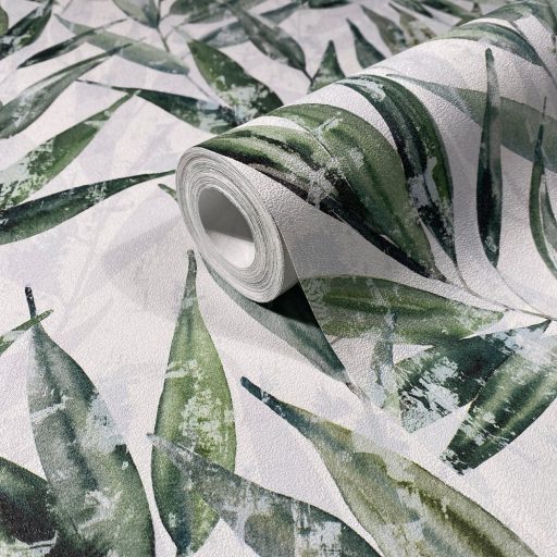 Akvarell technikával festett kopott és színátmenetes 3D bambuszlevelek fehér smaragd és olajzöld tónus tapéta