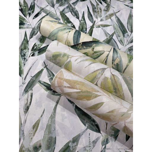 Akvarell technikával festett kopott és színátmenetes 3D bambuszlevelek fehér smaragd és olajzöld tónus tapéta