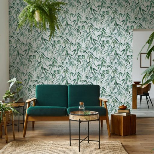 Akvarell technikával festett kopott és színátmenetes 3D bambuszlevelek fehér smaragd és olajzöld tónus tapéta