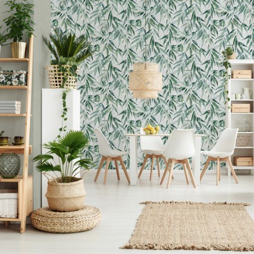 Akvarell technikával festett kopott és színátmenetes 3D bambuszlevelek fehér smaragd és olajzöld tónus tapéta