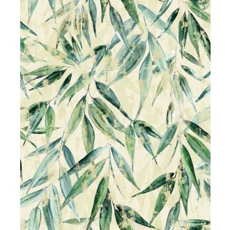   Akvarell technikával festett kopott és színátmenetes 3D bambuszlevelek krémes-sárga fehér türkiz és mentazöld tónus tapéta