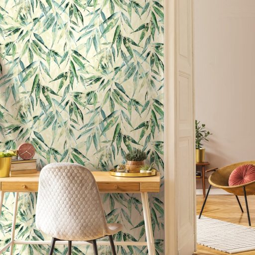 Akvarell technikával festett kopott és színátmenetes 3D bambuszlevelek krémes-sárga fehér türkiz és mentazöld tónus tapéta