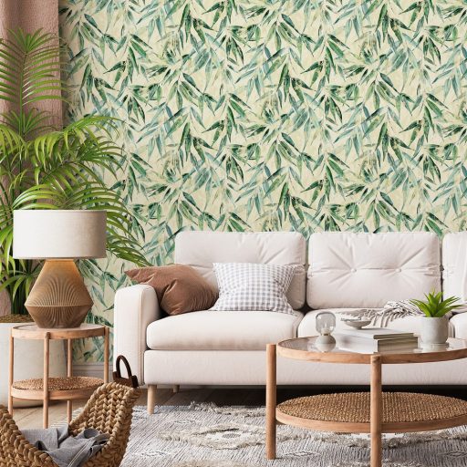 Akvarell technikával festett kopott és színátmenetes 3D bambuszlevelek krémes-sárga fehér türkiz és mentazöld tónus tapéta