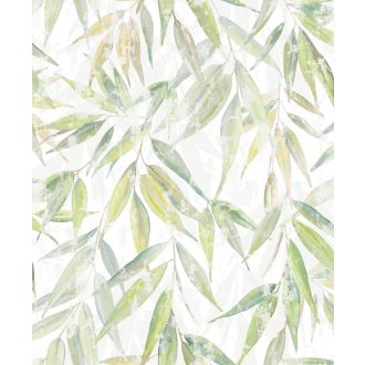   Akvarell technikával festett kopott és színátmenetes 3D bambuszlevelek fehér sárga zöld és sárgászöld tónus tapéta