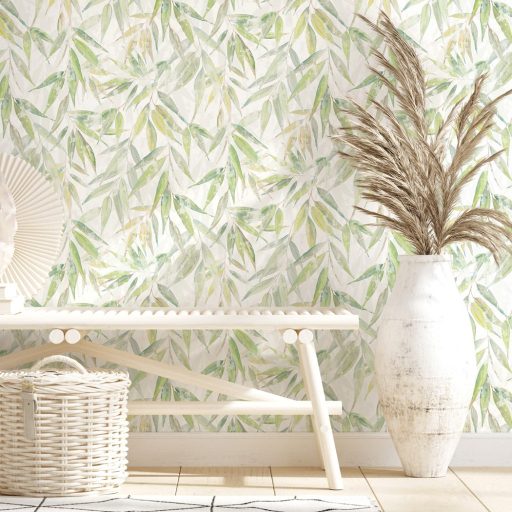 Akvarell technikával festett kopott és színátmenetes 3D bambuszlevelek fehér sárga zöld és sárgászöld tónus tapéta