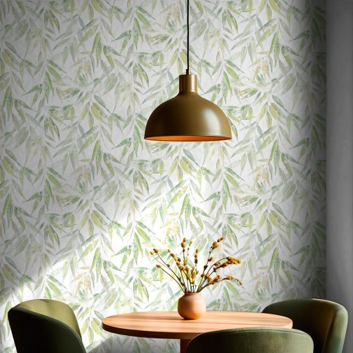 Akvarell technikával festett kopott és színátmenetes 3D bambuszlevelek fehér sárga zöld és sárgászöld tónus tapéta