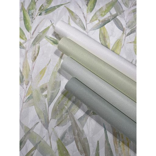 Akvarell technikával festett kopott és színátmenetes 3D bambuszlevelek fehér sárga zöld és sárgászöld tónus tapéta