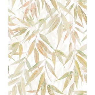   Akvarell technikával festett kopott és színátmenetes 3D bambuszlevelek krémfehér homokszín barack és aranysárga tónus tapéta
